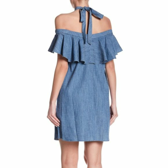 Alice + Olivia Alexia Off-Shoulder Halter Tie Ruffle Top Chambray Mini Dress XS. - Picture 2 of 8